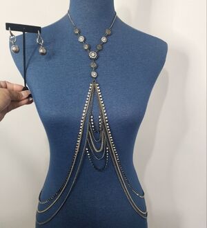 Sexy Gunmetal with Rhinestones Body Chain Jewelry and Earrings  Set New